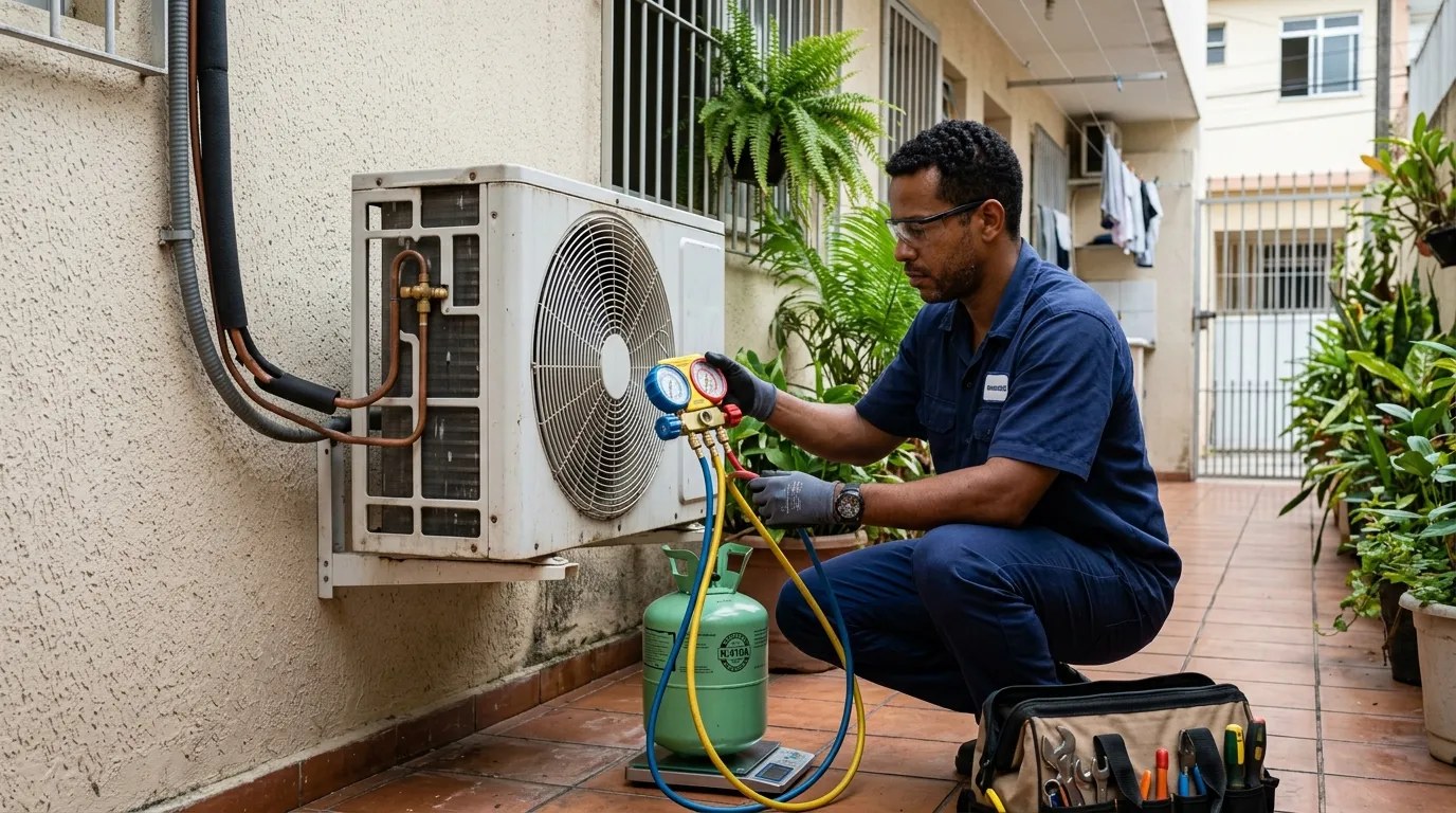 Técnico fazendo carga de gás na condensadora do ar-condicionado em Canoas‑RS
