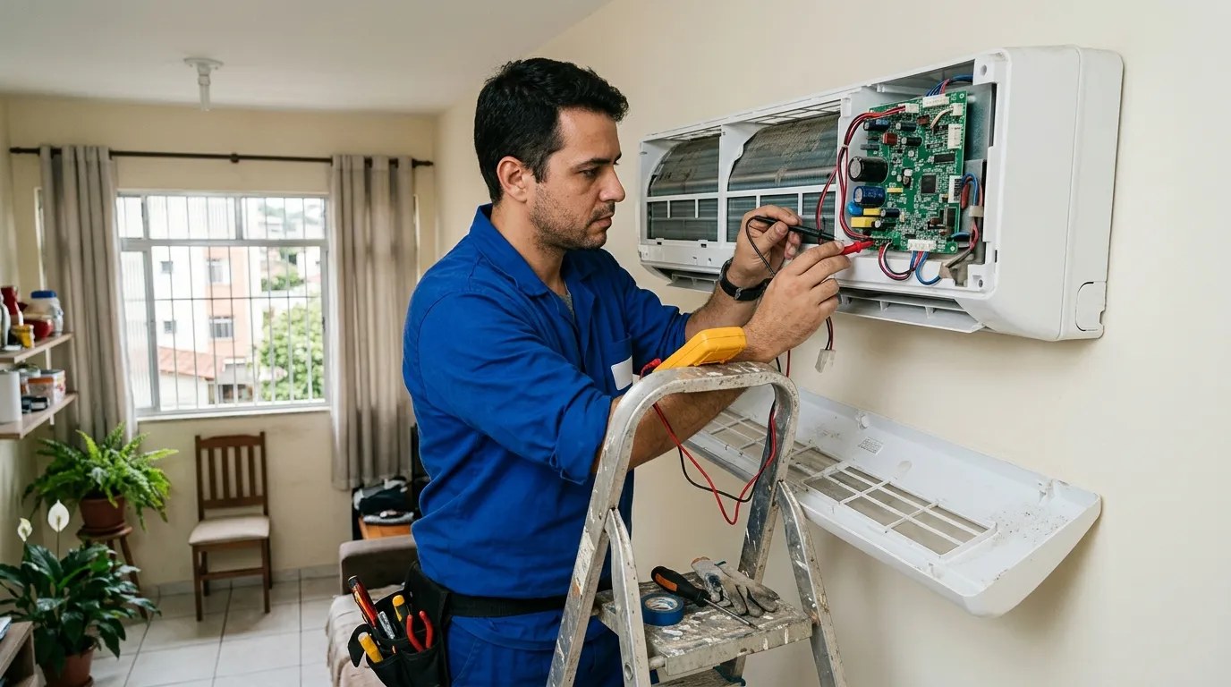 Técnico trocando a placa eletrônica de ar-condicionado split em Canoas‑RS