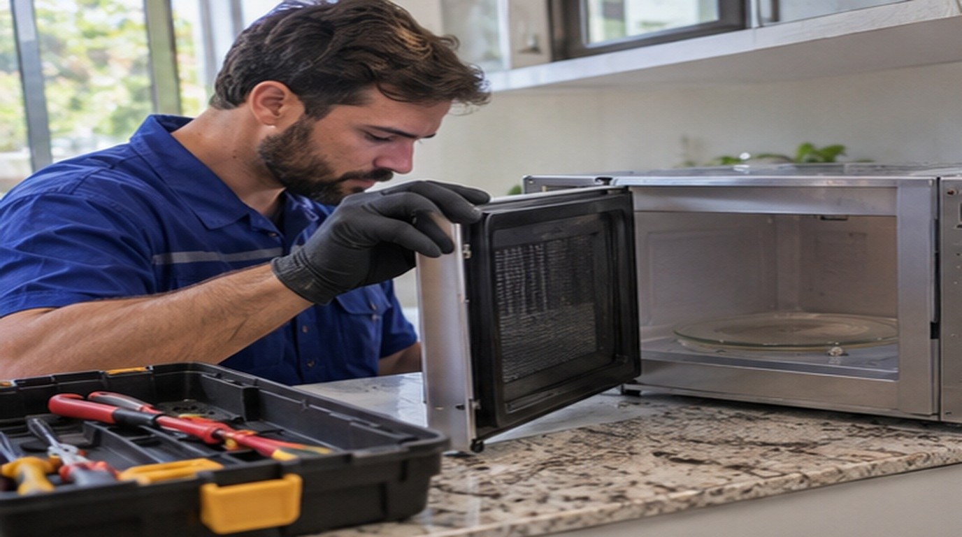 Conserto de micro-ondas em Canoas‑RS: técnico abrindo um micro-ondas de bancada
