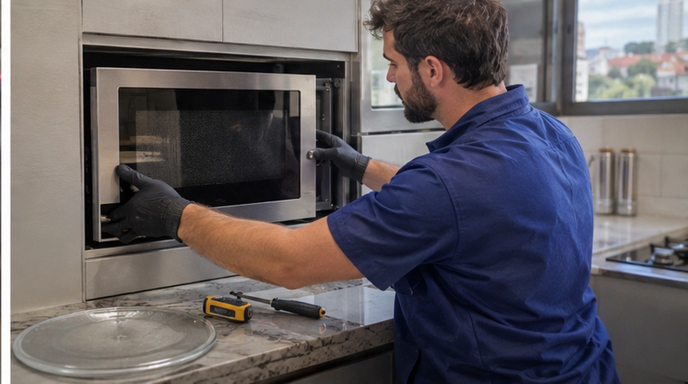 Conserto de micro-ondas de embutir em Canoas‑RS: técnico encaixando o aparelho no armário