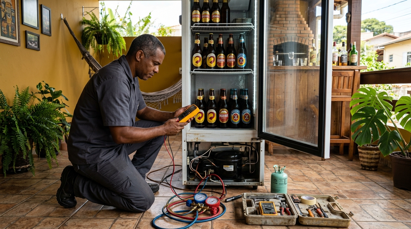 Placa eletrônica de cervejeira em reparo na bancada em Harmonia, Canoas‑RS