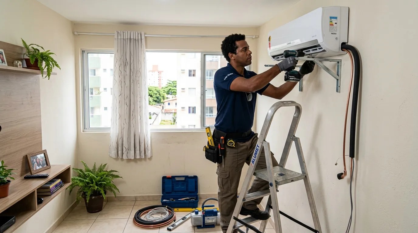 Técnico instalando ar-condicionado split em residência em Canoas‑RS