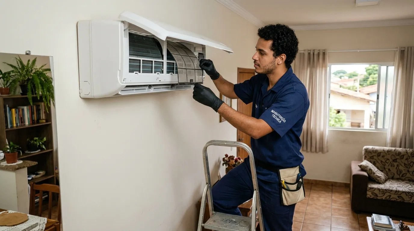Técnico fazendo limpeza e higienização de ar-condicionado split em Canoas‑RS
