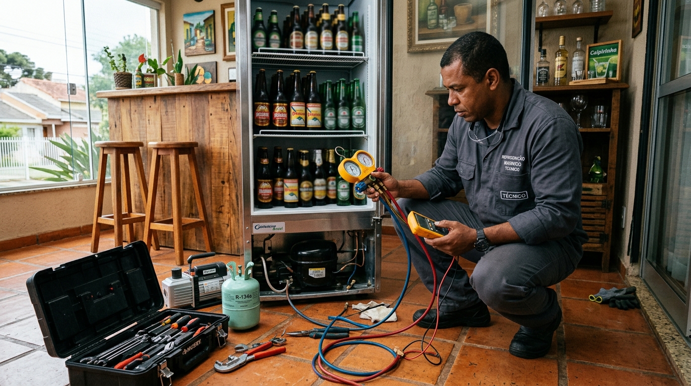 Técnico revisando o motor de uma cervejeira durante chamado em Harmonia, Canoas‑RS