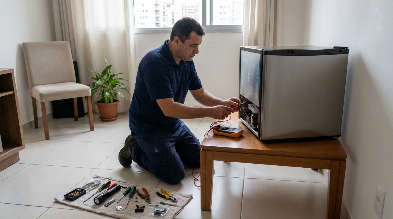Técnico revisando o motor de um frigobar em Canoas‑RS