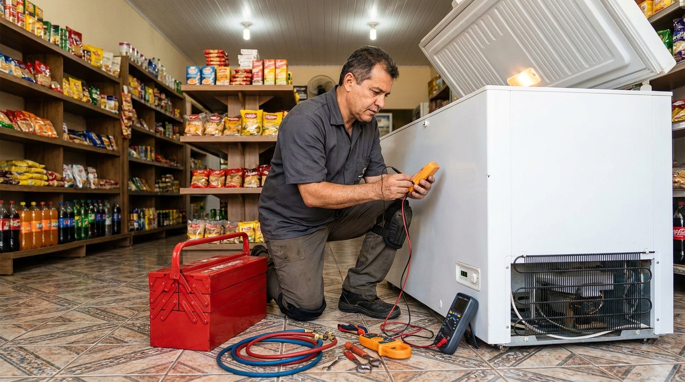 Manômetro conectado ao circuito durante recarga de gás de freezer em Canoas‑RS