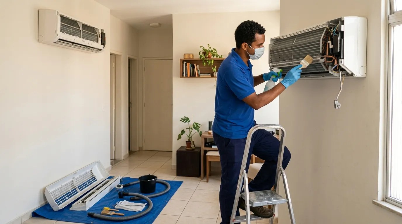 Técnico fazendo manutenção de ar-condicionado split em Canoas‑RS