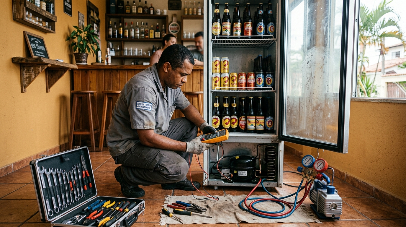 Substituição do termostato de uma cervejeira em Harmonia, Canoas‑RS